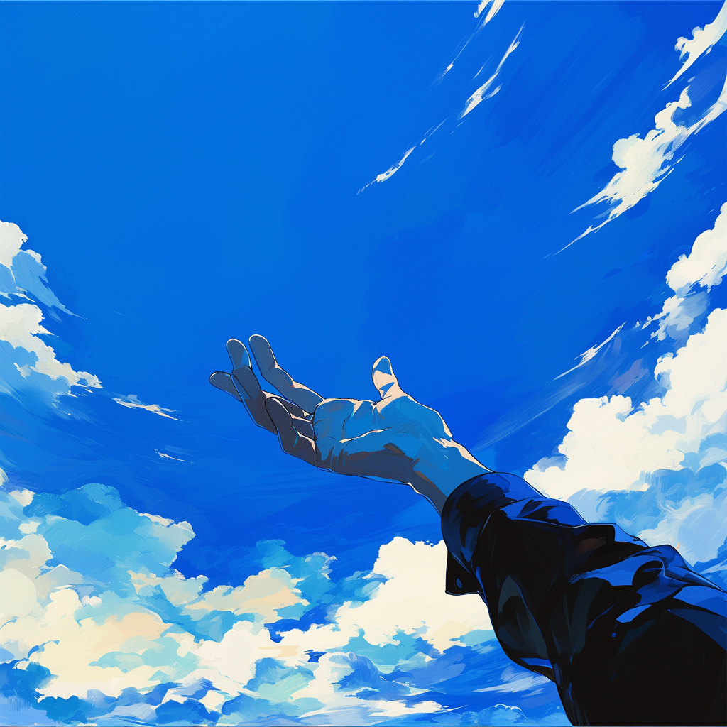 Arm reaching towards the azure blue sky.