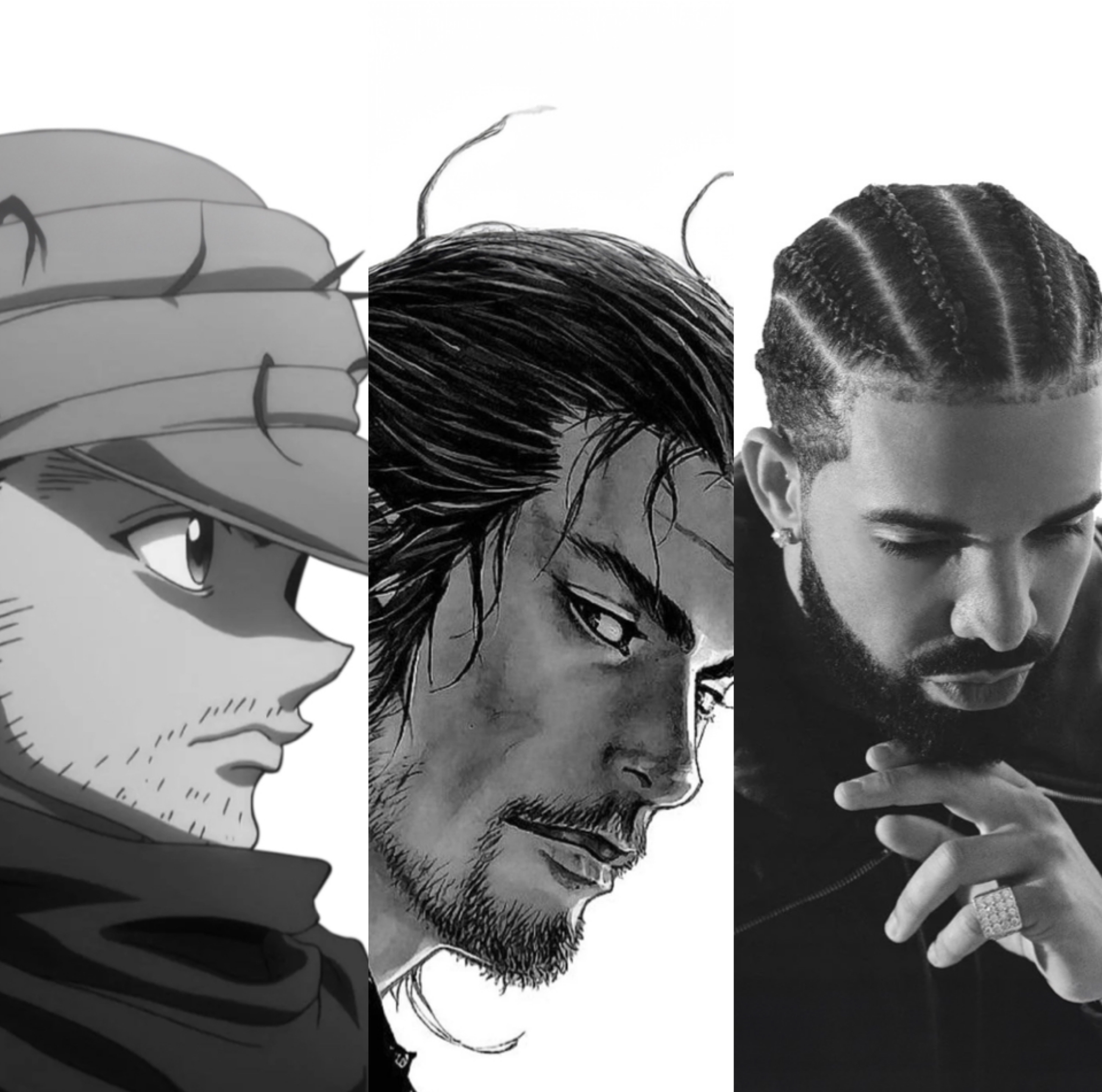 Collage of Ging Freecss, Miyamoto Musashi, and Drake.